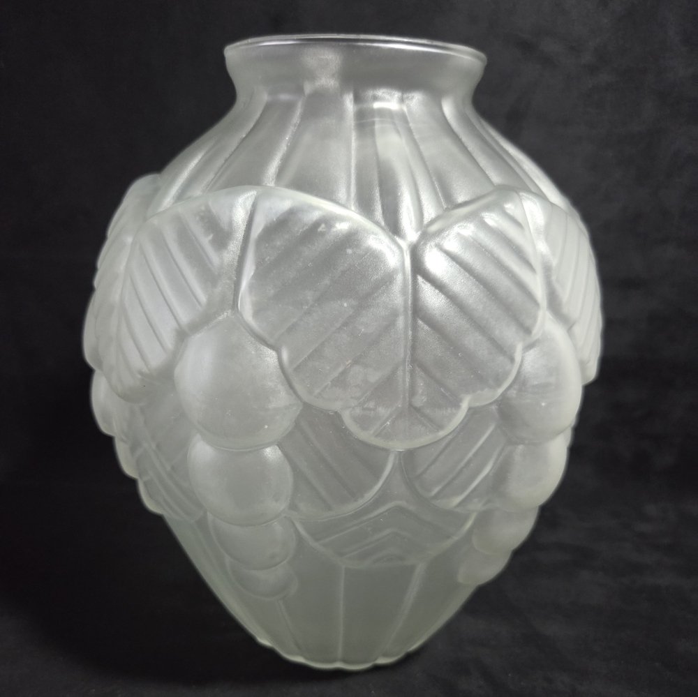 Large Vintage French Frosted Pressed Glass Art Deco Vase Geometric 9.5 Inches